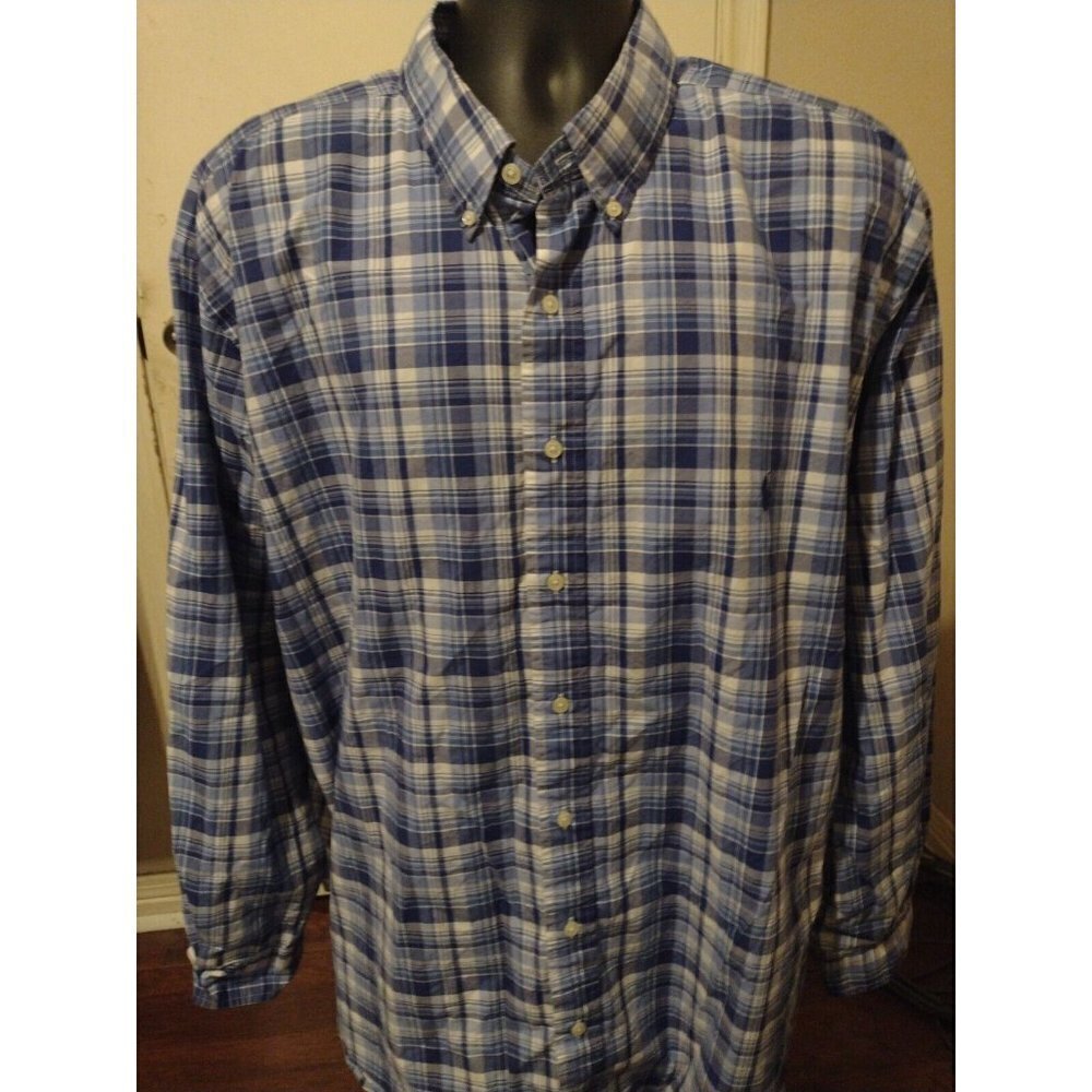Men's Ralph Lauren Long Sleeve Button Shirt 3XB Big Blue Plaid Cotton Pony Logo